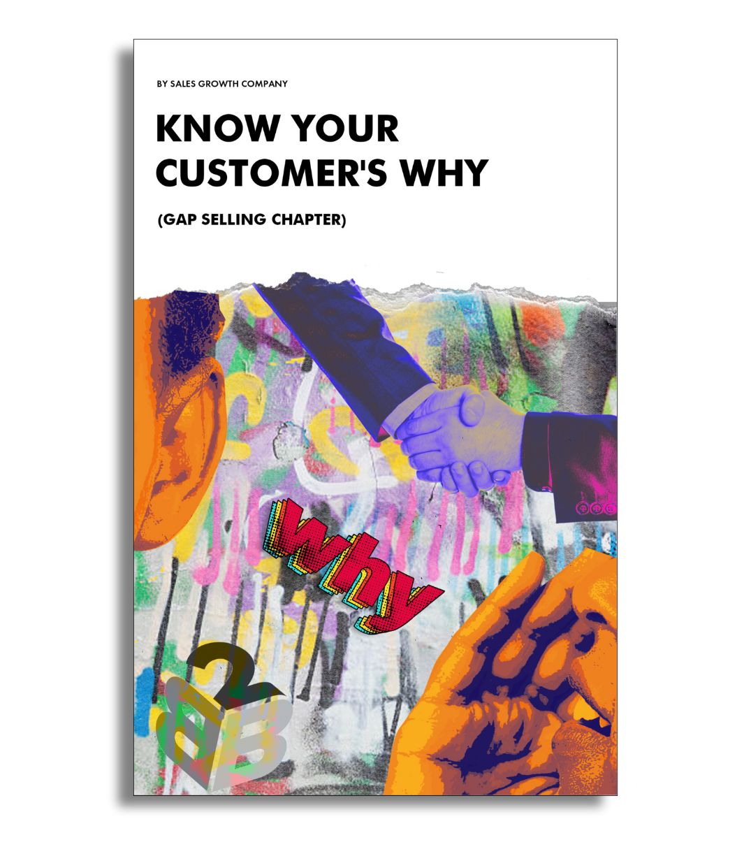 Colorful eBook cover titled 'Know Your Customer's Why (Gap Selling Chapter)' by Sales Growth Company. The design features an artistic collage with a handshake, vibrant illustrations, and the word 'why' in bold, dynamic typography, symbolizing the focus on understanding customer motivations and the essence of gap selling.