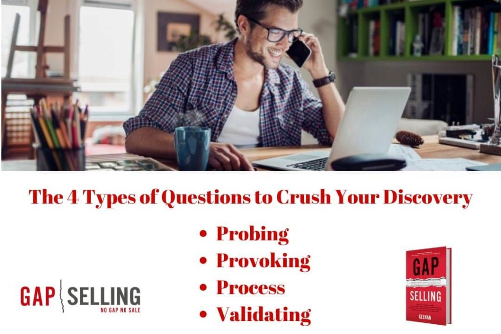 Focused sales professional engaged in a discovery call, discussing the effectiveness of four key types of sales discovery questions: Probing, Provoking, Process, and Validating