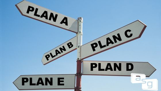 Sales Account Strategy Plans: Goals, Strategies, Initiatives, Tactics - Street sign showing the different directions to plan a, plan b, plan c, plan d, plan e