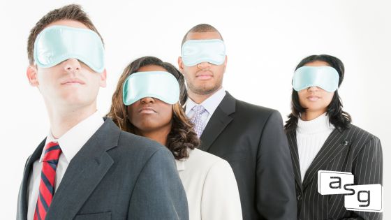 Four blindfolded sellers symbolizing the challenges in sales. The visual reinforces the importance of shedding blind confidence, gaining insight, and connecting with buyers on a meaningful level in the sales journey.