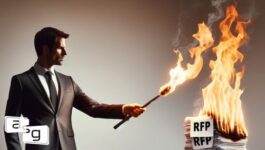 Businessman holding a flaming torch to a stack of RFP documents, symbolizing a radical shift and modernization of the traditional RFP process in procurement.