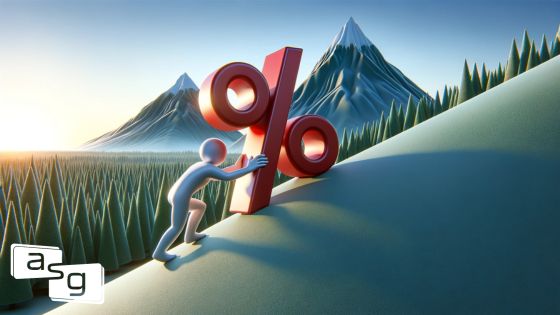 A 3D illustration depicts a figure pushing a large red percentage symbol uphill, against a backdrop of stylized mountains and trees, symbolizing the challenging journey to increase win rates in sales. The symbol's daunting size compared to the figure highlights the struggle organizations face with low win rates due to insufficient buyer input data.