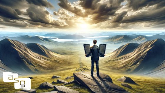 A panoramic image displaying a modern business professional, standing on a rocky outcrop with a laptop in each hand, overlooking a vast, sunlit valley with winding rivers and distant mountains. The scene is meant to represent the new business of selling as the professional is holding the tablets like the ten commandments of the business world.