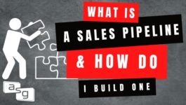 Graphic illustration explaining 'What is a sales pipeline & how to build one', featuring a figure assembling puzzle pieces, with bold red and black text on a textured gray background, emphasizing the sales pipeline construction process
