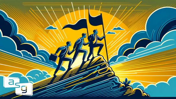 Illustrative banner showing a group of three stylized professionals ascending a steep mountain peak together, one leading with a flag in hand symbolizing leadership. The sun beams brightly in the background, casting a glow over the clouds surrounding the mountain, denoting the aspirational and challenging journey of leadership.