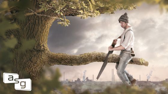 A man in casual work attire is precariously sawing off a large branch from a tree, the very branch he's sitting on, symbolizing a 'sales demo' mistake. The background reveals a hazy industrial skyline, contrasting with the tree's lush foliage, emphasizing the short-sighted actions that can undermine long-term goals, reflective of the pitfalls in customer engagement and sales promises