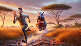 An animated image depicting a man in a frantic sprint, with a look of shock on his face, as he is being chased by a determined hippo across a stone path in a savanna-like environment. The golden hues of a sunrise or sunset illuminate the scene, casting long shadows on the ground. In the background, calm hippos are seen in the water, contrasting with the intense chase in the foreground. This humorous and exaggerated situation captures the essence of the unexpected turn of events that sellers likened to the silence of a prospect, only to discover his real-life adventurous escape from a hippo, highlighting the need to understand the customer's situation.