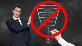 A man in a business suit gestures towards a chalkboard displaying a crossed-out sales funnel diagram, which highlights leads, prospects, and customers. This image satirically represents a shift from the traditional sales funnel to a new model that prioritizes a continuous flow of opportunities, as discussed in the blog post about the innovative 'Sales Rectangle' strategy