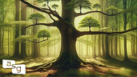 Enigmatic ancient tree in the heart of a sunlit forest, symbolizing the growth and potential of nurturing leadership, echoing the theme of the blog on redefining success by prioritizing talent development.