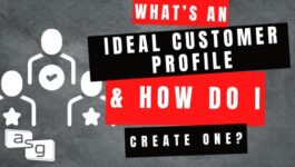 Graphic with a textured gray background featuring a central icon symbolizing a customer profile, with a heart and star, accompanied by bold red and black text stating 'What's an Ideal Customer Profile & How do I create one?'