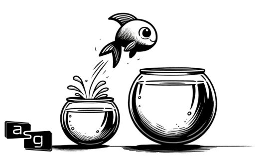 A monochromatic illustration showing a fish jumping from a small, water-splashed fishbowl to a larger empty fishbowl, symbolizing how to scale a sales team.