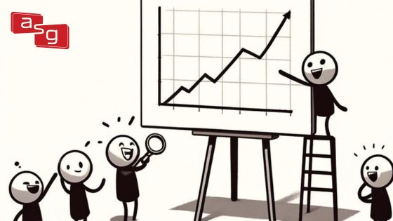 Stick figures with enthusiastic expressions gathered around a rising trend line on a chart, representing the concept of successful sales forecasting. One figure stands on a ladder pointing to the high point on the graph, symbolizing the aim for accuracy in sales projections.