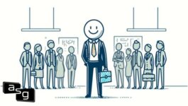 Illustration of a smiling stick figure salesperson in a suit, prominently standing in the foreground with a briefcase, representing an individual's unique identity within a professional setting. In the background, diverse group of people in business attire are depicted in various office scenarios, symbolizing different roles within the workplace. The setting conveys a sense of individuality amidst a corporate environment.