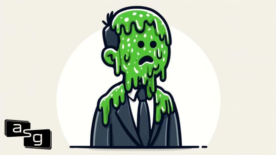 Cartoon illustration of a man with a slimy green substance dripping down his face and suit, giving an expression of discomfort and unease. The image metaphorically represents the slimy and manipulative stereotype often associated with salespeople.