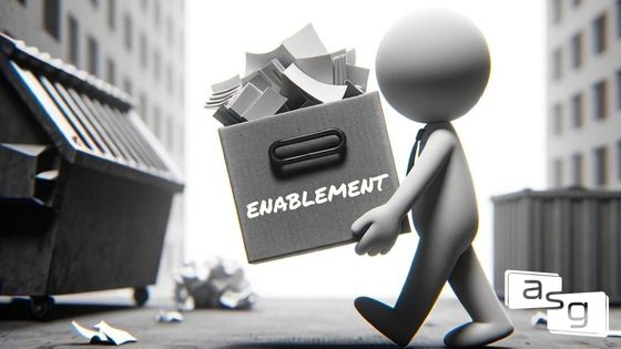 A 3D figure carrying a box labeled 'Enablement' towards a dumpster, symbolizing the perceived negative value of sales enablement efforts in some organizations.