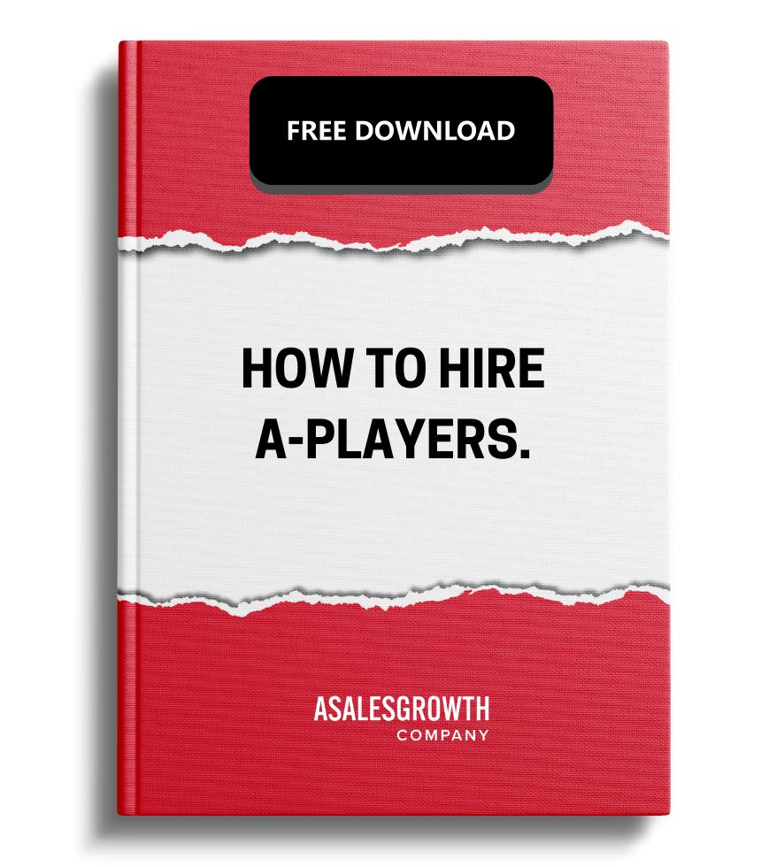 The image shows a book cover design with a red and white theme. The top section of the cover is red with a black label that says "FREE DOWNLOAD." Below that, there's a torn paper effect revealing the title "HOW TO HIRE A-PLAYERS." The bottom section is also red, with the text "ASALESGROWTH COMPANY" in white. The overall design is clean and modern, with a strong focus on the book's title and the offer of a free download.