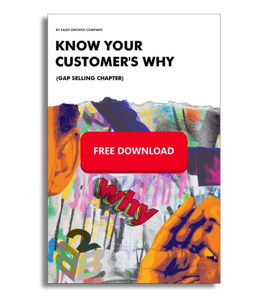 A colorful book cover titled "Know Your Customer's Why (Gap Selling Chapter)" by Sales Growth Company. The design features abstract art with vibrant orange, blue, and green tones, and bold text. A red button labeled "Free Download" is prominently displayed in the center, with the word "why" in playful typography below.