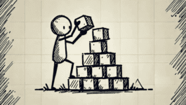 hand-drawn style illustration of a stick figure stacking blocks into a pyramid structure on a grid-paper-like background. The stick figure is lifting a block to place it on the topmost level, symbolizing building or constructing something. The sketch is surrounded by scribbled edges, adding to the casual and conceptual style of the artwork