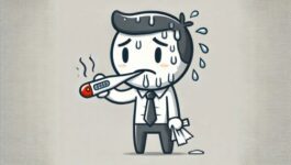 Cartoon illustration of a worried man in a business suit sweating profusely, holding a tissue in one hand and a thermometer in his mouth displaying a high reading, with steam lines above it. The image metaphorically represents symptoms of a larger issue, such as low close rates being a result of poor sales discovery.