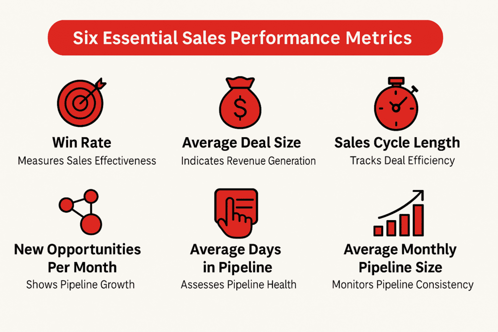 Infographic titled 'Six Essential Sales Performance Metrics' featuring six key metrics: Win Rate (measures sales effectiveness), Average Deal Size (indicates revenue generation), Sales Cycle Length (tracks deal efficiency), New Opportunities Per Month (shows pipeline growth), Average Days in Pipeline (assesses pipeline health), and Average Monthly Pipeline Size (monitors pipeline consistency), with corresponding icons for each metric.