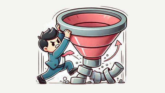 A cartoon-style illustration of a businessman in a suit and tie forcefully pushing down on a large sales funnel. The funnel is cracking and breaking at the bottom, symbolizing efforts to compress or speed up the sales process. His determined expression and the upward arrow suggest a strategic attempt to shorten the sales cycle.