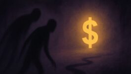 Dark, shadowy figures wander toward a glowing golden dollar sign, which hovers at the end of a winding path, symbolizing the elusive promise of revenue. The eerie atmosphere suggests how deals can feel real in the pipeline yet disappear without a trace—lost not to competitors, but to the status quo.