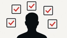 Silhouette of a person surrounded by red checkmarks, representing what buyers expect from modern B2B sales reps.