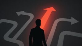 Silhouette of a person standing in front of multiple arrows, with one red arrow pointing straight ahead.