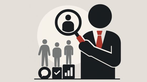 Business figure with magnifying glass over a person icon, symbolizing sales enablement aligned to rep execution.