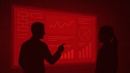 Silhouetted sales coaching session in front of red data dashboard with charts, graphs, and performance metrics