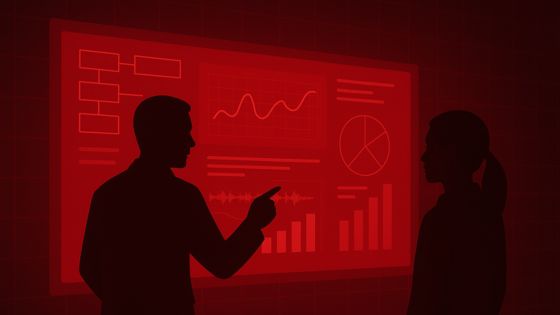 Silhouetted sales coaching session in front of red data dashboard with charts, graphs, and performance metrics