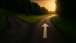 A fork in the road with one illuminated, arrow-marked path representing the choice of an effective sales training program.