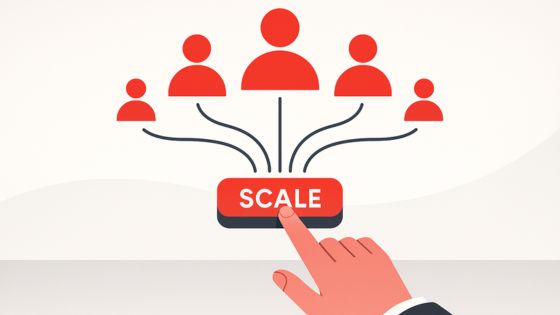 Hand pressing a “scale” button with connected icons of people, representing how to scale a sales team with structure.