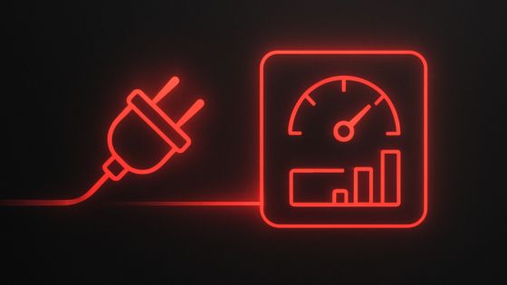 Red neon plug connected to performance meter with bar graph and speed dial, symbolizing sales enablement powering execution
