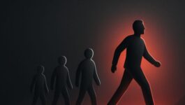 Four gray figures walking behind a larger red-highlighted figure leading the group on a dark background.