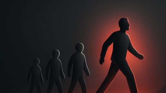 Four gray figures walking behind a larger red-highlighted figure leading the group on a dark background.