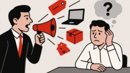 Illustration of a frustrated buyer at a desk with a thought bubble, while a seller shouts product-related icons through a megaphone, symbolizing a flawed sales process focused on features instead of buyer problems.