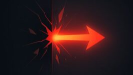 Bright red arrow breaking through a dark barrier, with glowing fragments around the impact point.