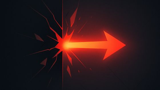Bright red arrow breaking through a dark barrier, with glowing fragments around the impact point.