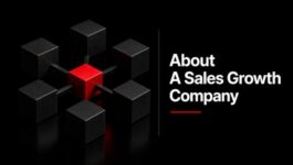 Abstract network of black cubes connected through a central red cube beside the headline “About A Sales Growth Company,” symbolizing the connected operating system behind Problem Centric® Selling and PCOS™.