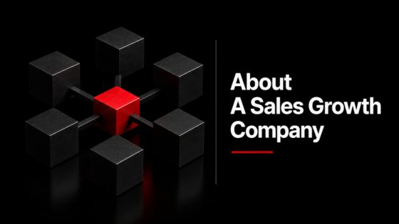Abstract network of black cubes connected through a central red cube beside the headline “About A Sales Growth Company,” symbolizing the connected operating system behind Problem Centric® Selling and PCOS™.
