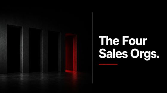 Four dark architectural portals with one illuminated in red beside the headline “The Four Sales Orgs,” representing the distinction between Random, Heroic, Peacock, and Compounding sales organizations.
