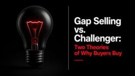 Matte black light bulb with a glowing red filament beside the headline “Gap Selling vs. Challenger: Two Theories of Why Buyers Buy,” representing Challenger’s focus on commercial insights and buyer reframing.