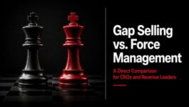 Two opposing chess kings beside the headline “Gap Selling vs. Force Management: A Direct Comparison for CROs and Revenue Leaders,” representing a side-by-side comparison of two B2B sales methodologies.