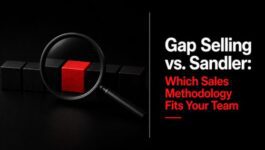 A magnifying glass highlights a red cube among black cubes beside the headline “Gap Selling vs. Sandler: Which Sales Methodology Fits Your Team,” representing the difference between identifying surface-level pain and uncovering deeper business impact.