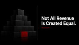 Minimalist black block pyramid with a single red foundation block beside the headline “Not All Revenue Is Created Equal” on a black background.