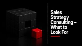 Black cube structure with a single red cube positioned outside a missing space beside the headline “Sales Strategy Consulting — What to Look For,” symbolizing the gap between strategy creation and implementation.