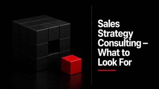 Black cube structure with a single red cube positioned outside a missing space beside the headline “Sales Strategy Consulting — What to Look For,” symbolizing the gap between strategy creation and implementation.