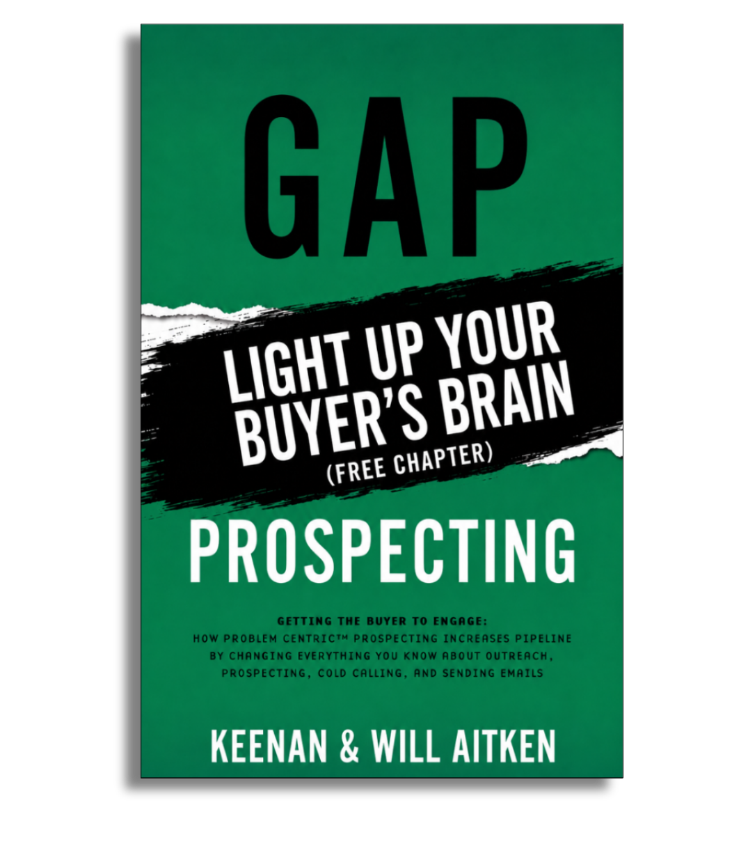 Free Gap Prospecting chapter download, Light Up Your Buyer’s Brain, with green Gap Prospecting book cover and black brushstroke title banner.