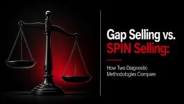 Matte black balance scale beside the headline “Gap Selling vs. SPIN Selling: How Two Diagnostic Methodologies Compare,” representing a comparison of two B2B sales methodologies and their approaches to buyer diagnosis.